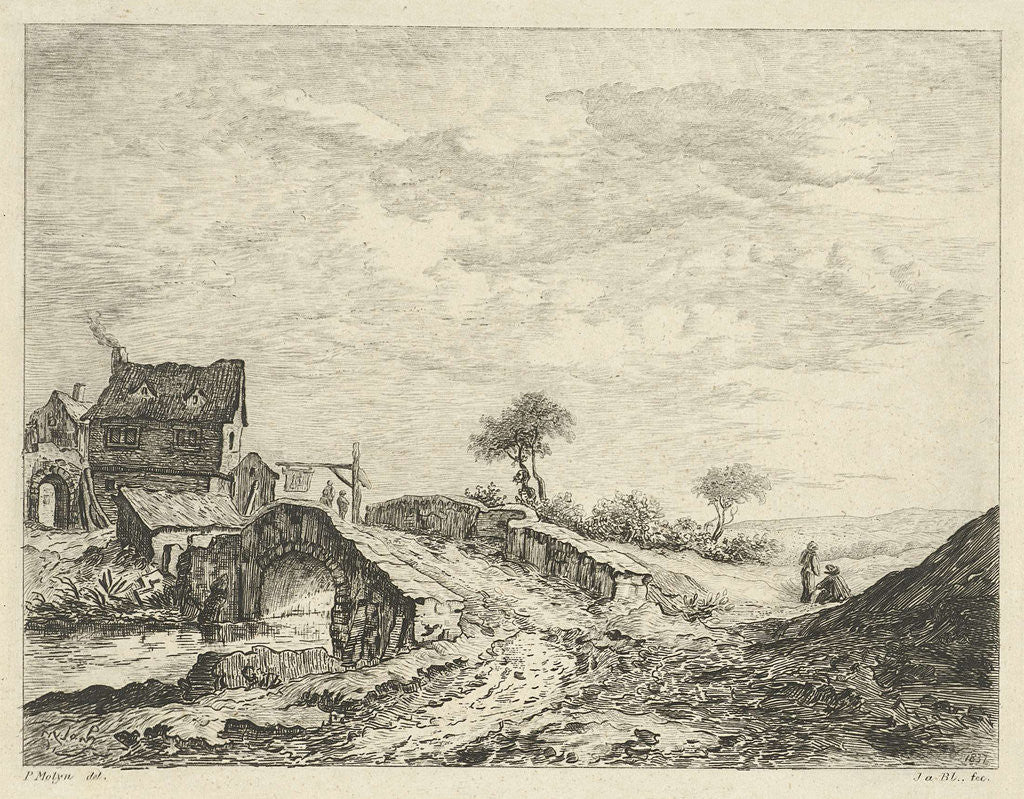 Detail of Landscape with houses at a bridge by P. Molijn