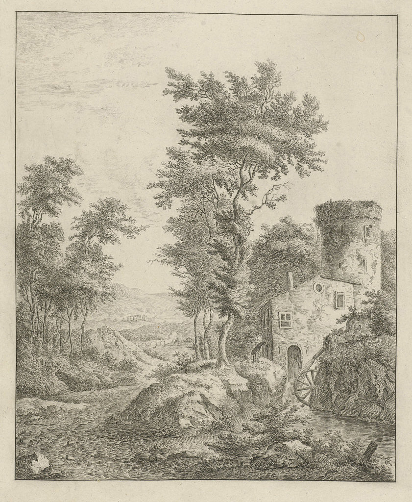 Detail of Landscape with river and water wheel by Frederik de Moucheron