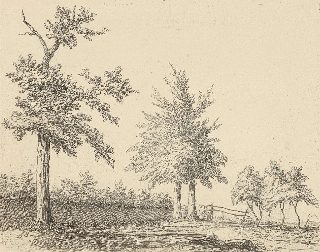 Detail of A landscape with a tree left, in the middle two trees and left a clump of trees, in the foreground is a branch on the ground by baron Reinierus Albertus Ludovicus van Isendoorn à Blois