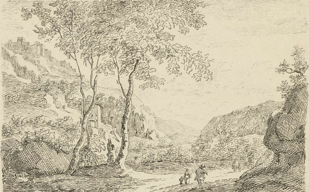 Detail of Three figures in a landscape and mountains with houses on it by baron Reinierus Albertus Ludovicus van Isendoorn à Blois