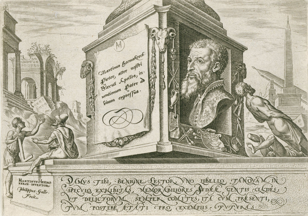 Detail of Portrait of Maarten van Heemskerck at the base of a pillar by Philips Galle