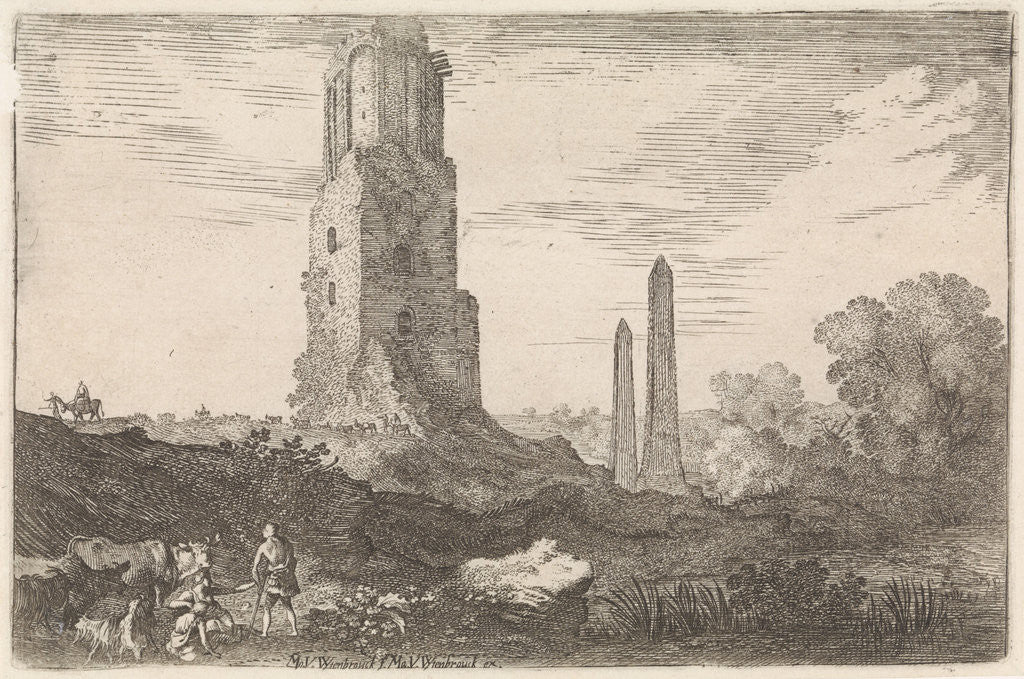 Detail of Landscape with two obelisks and the 'Torre delle Militia' by Matheus Moysesz. van Wtenbrouck