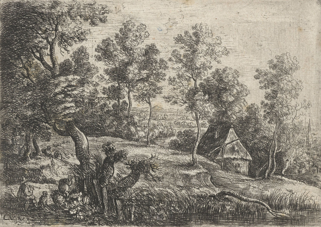 Detail of Landscape with a house and a well, in the foreground a flute-playing shepherd with his dog by Lucas van Uden