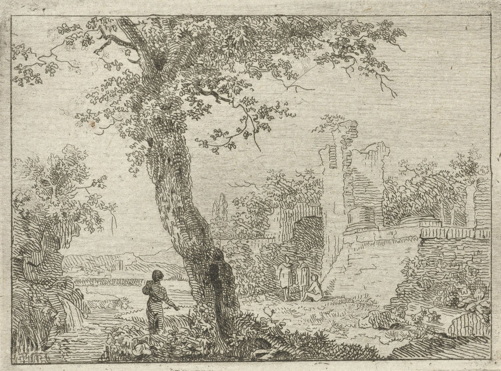 Detail of Landscape with ruins and four figures, in the foreground is a tree by Cornelis Ouboter van der Griendt