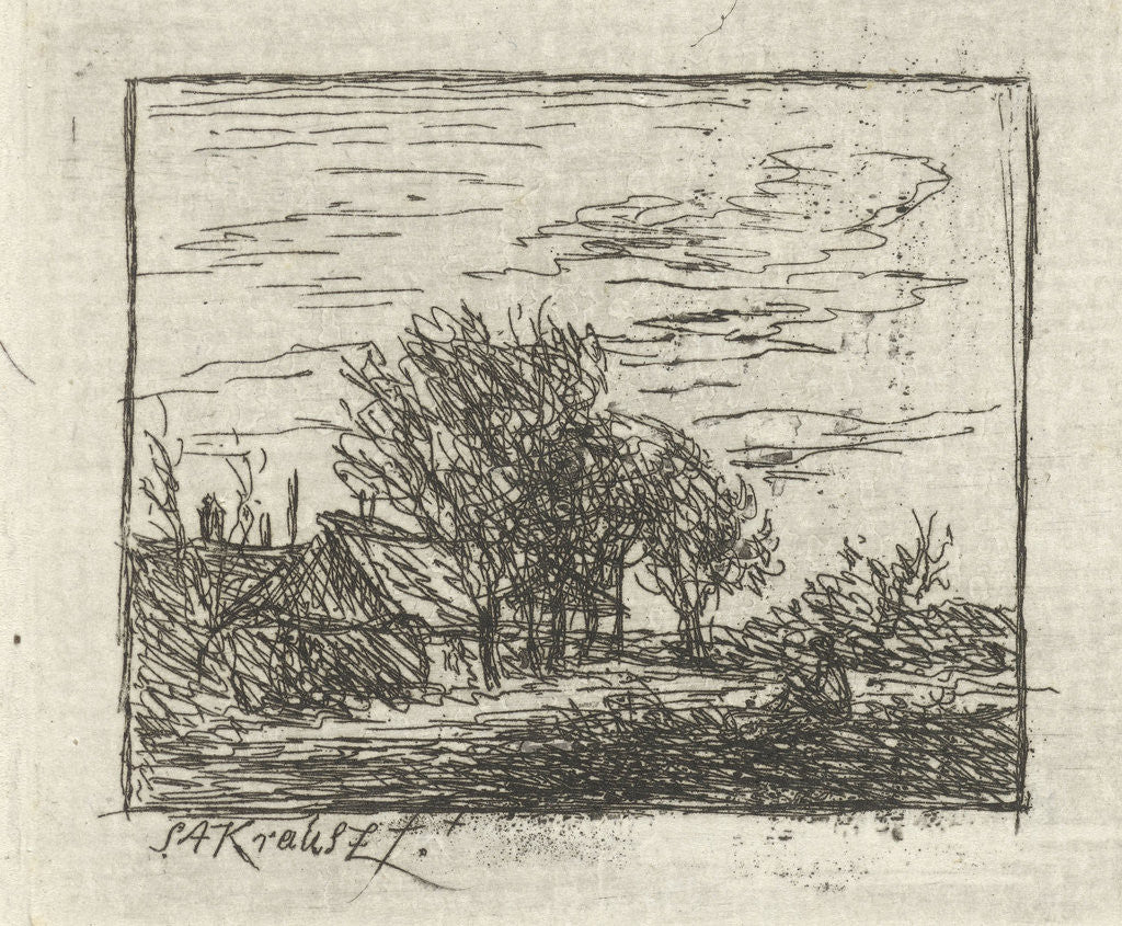 Detail of View of a landscape with few buildings left and in the center a number of tall trees by Simon Andreas Krausz