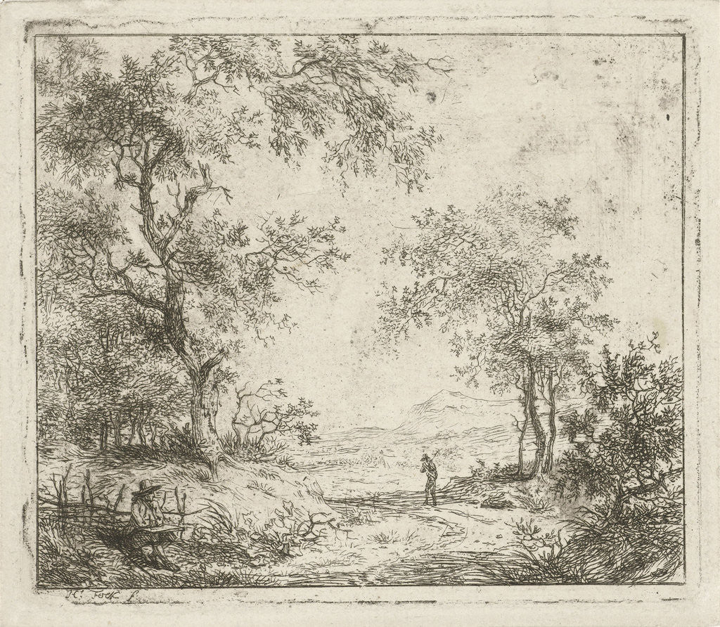 Detail of Landscape with Draughtsman and walker by Hermanus Fock