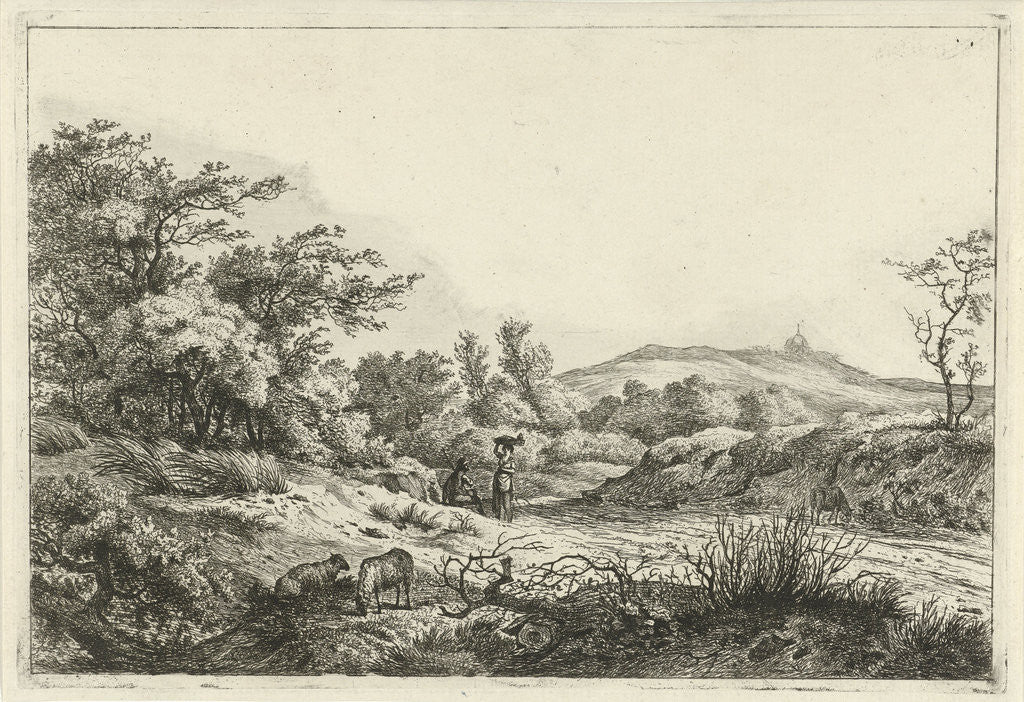 Detail of Hill landscape in the foreground with two sheep by Hermanus Fock