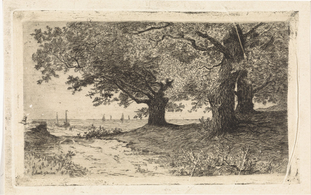 Detail of Landscape with trees, beach and sea by Elias Stark