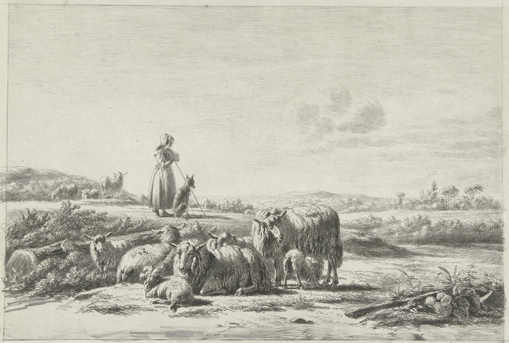 Detail of Landscape with shepherd dog with sheep herd by Simon van den Berg