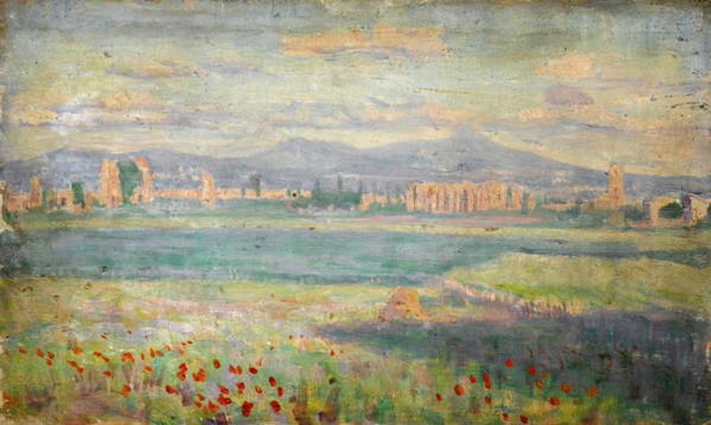 Detail of Mediterranean landscape with poppies in foreground and walled town in background by Arthur Haythorne Studd