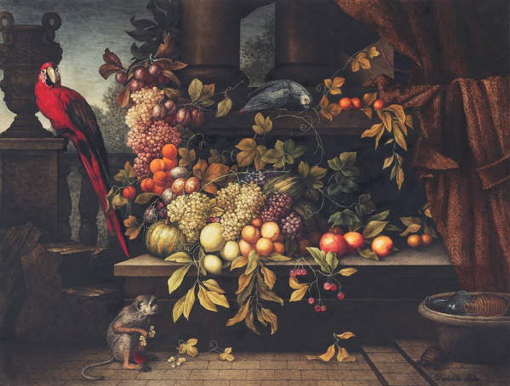 Detail of A still life with fruit, wine cooler, monkey, parrots and a turtle in a portico by David Emil Joseph de Noter