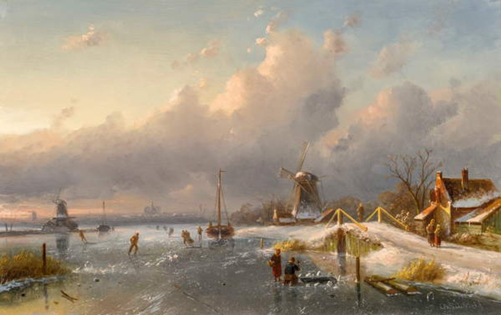 Detail of A Winter Landscape with Windmills and Skaters on a Frozen Waterway, 1840s-50s by Charles-Henri-Joseph Leickert