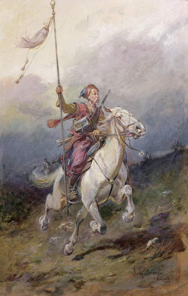 Detail of The Pathfinder, a seventeenth century Polish cavalryman on a white charger by Jozef Brandt