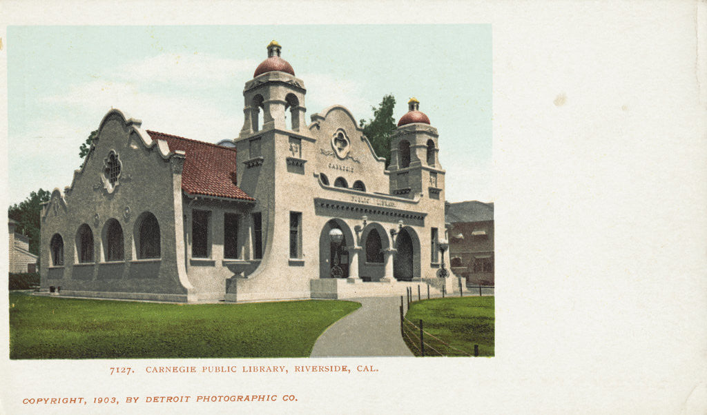 Detail of Carnegie Public Library, Riverside, Cal. Postcard by Corbis