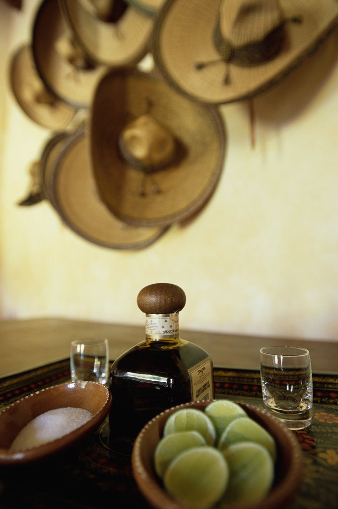 Detail of Bottle of Tequila with Salt and Sliced Limes by Corbis