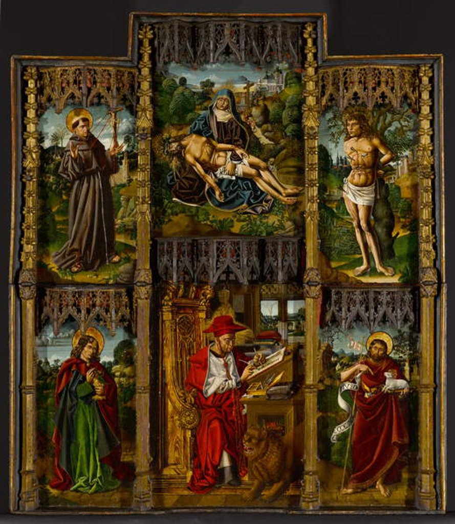 Detail of Portable Altarpiece: Pietà, Saints Francis, Sebastian, John the Evangelist, Jerome, and John the Baptist, c.1500 by (c.1435/40-1500) Bermejo