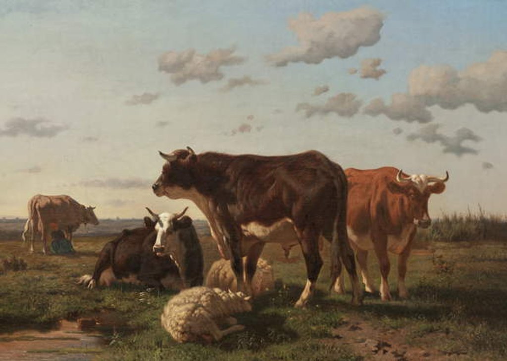 Detail of Cattle and sheep in a landscape, 1850 by F. Jurnet