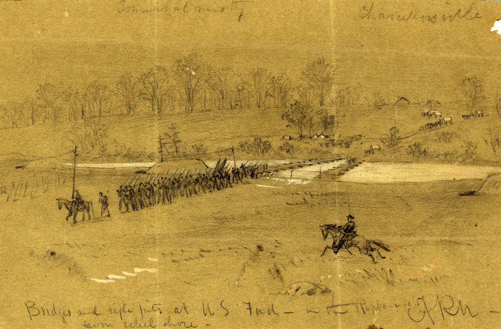 Detail of Bridges and rifle pits at U.S. Ford, in the Rappahannock from rebel shore, 1863 between April and May by Alfred R Waud