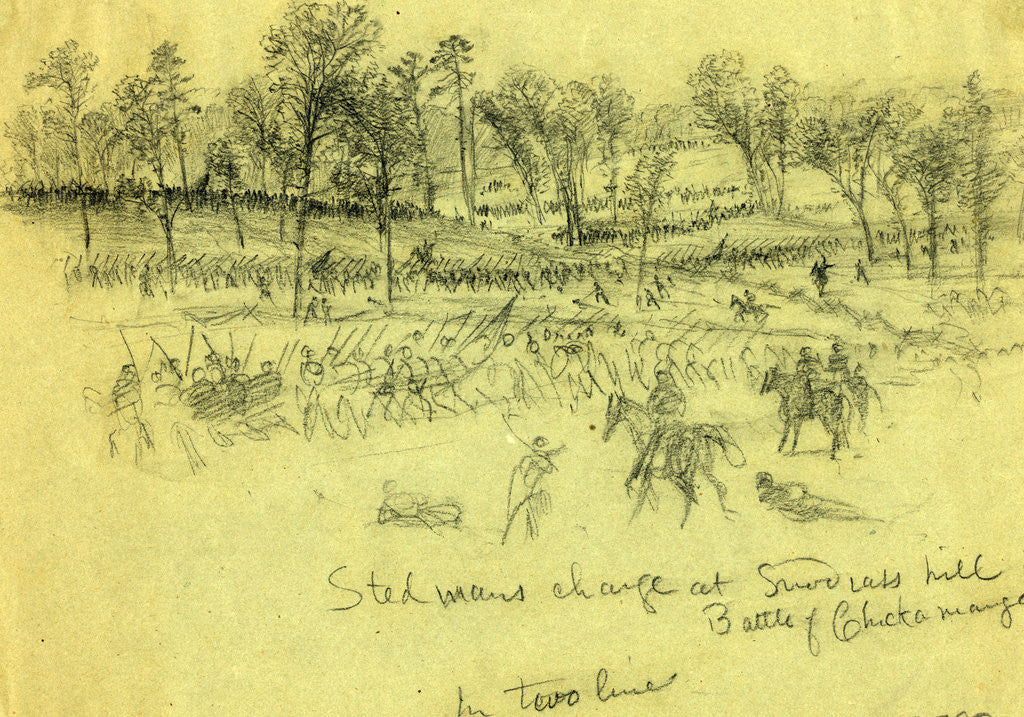 Detail of Steedmans charge at Snodgrass hill, Battle of Chickamauga, 1863 September 19-20 by Alfred R Waud