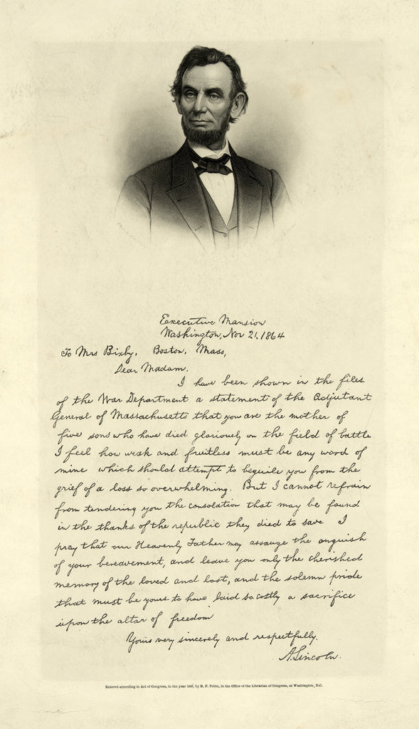 Detail of Letter from Abraham Lincoln to Mrs. Bixby, with bust-length portrait of Lincoln by M.B. Brady