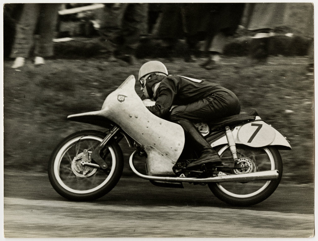 Detail of Werner Haas, riding NSU (number 7) 1954 TT (Tourist Trophy) by T.M. Badger