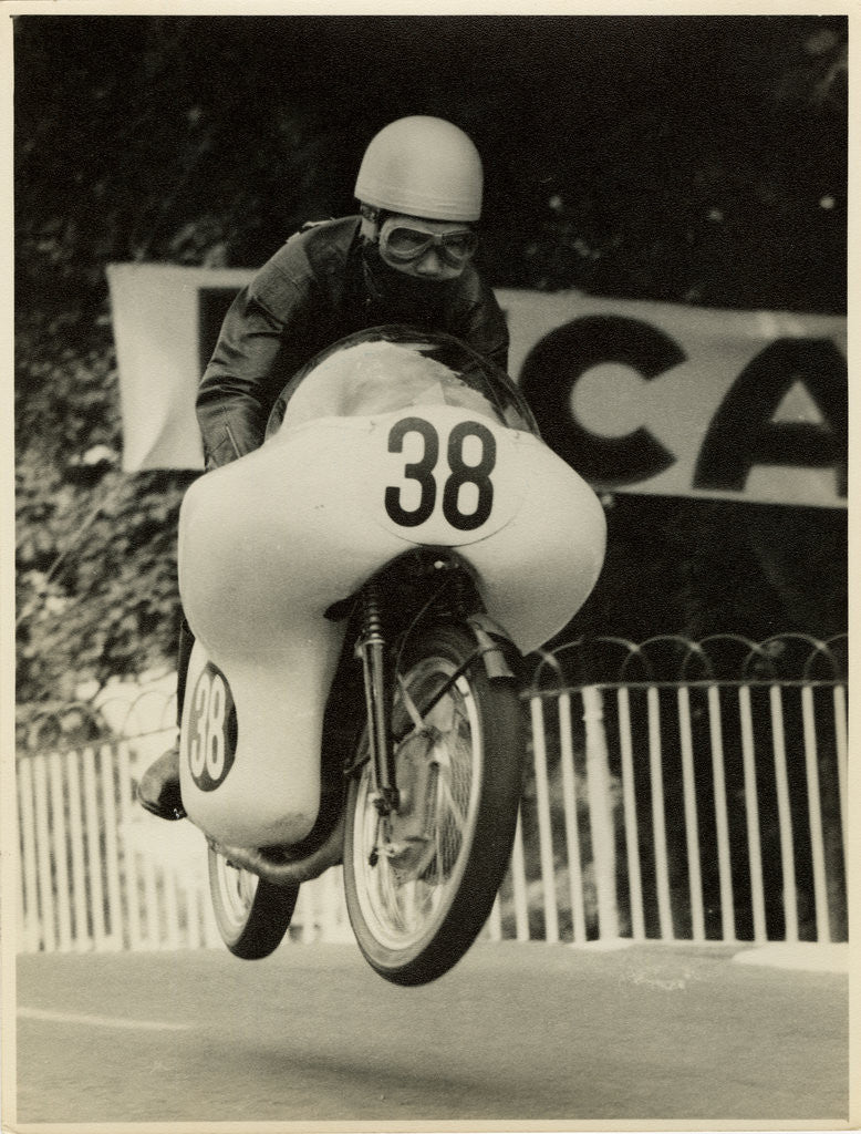 Detail of Tansharu Noguchi aboard 124cc Yamaha (number 38), 1961 250 TT (Tourist Trophy) by T.M. Badger