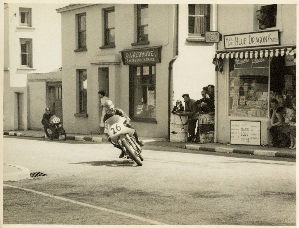 Detail of TT (Tourist Trophy) rider number 26 passing through Onchan by T.M. Badger