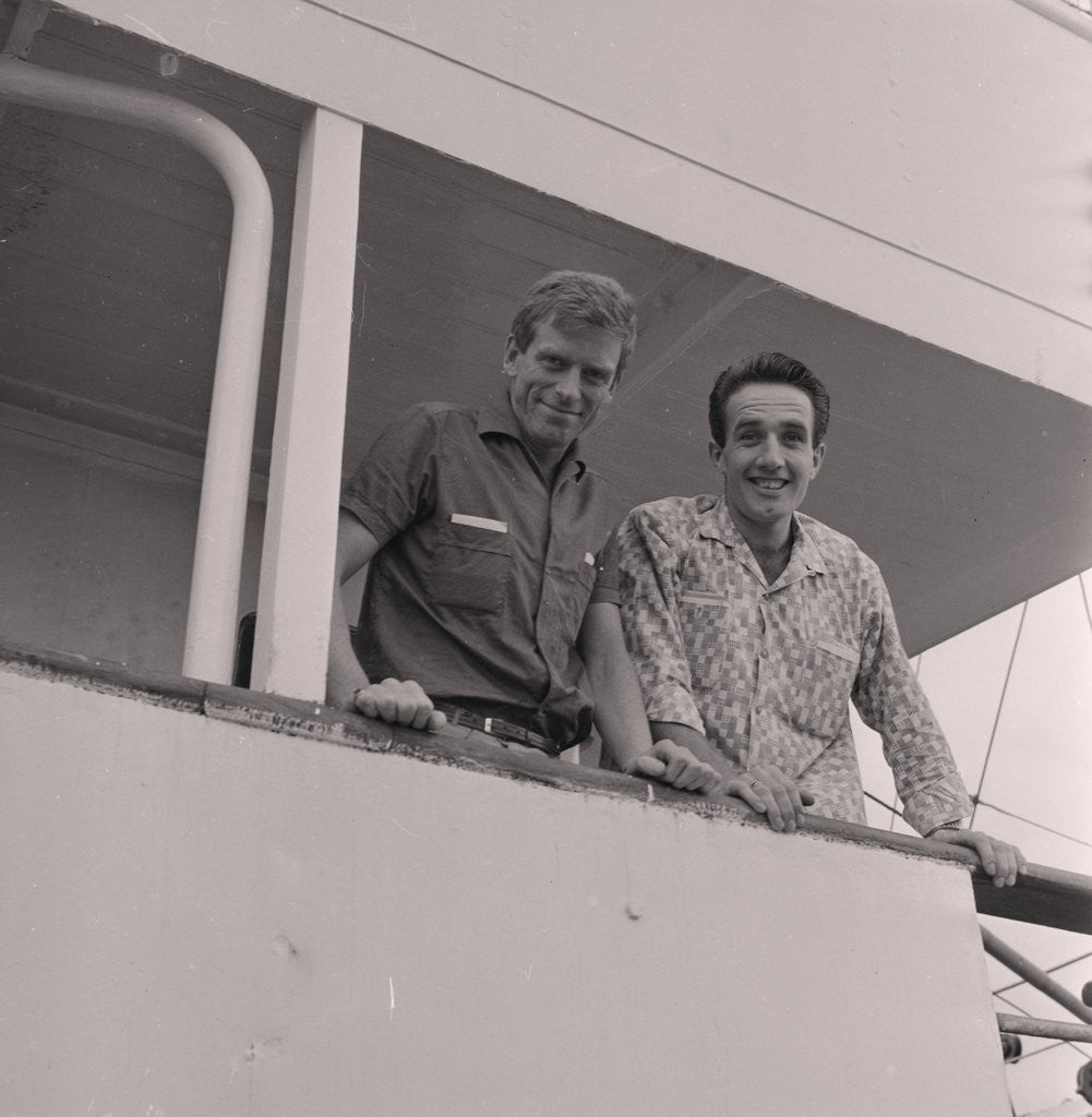 Detail of DJs Tom Lodge (left) and Alan Turner onboard Radio Caroline by Manx Press Pictures