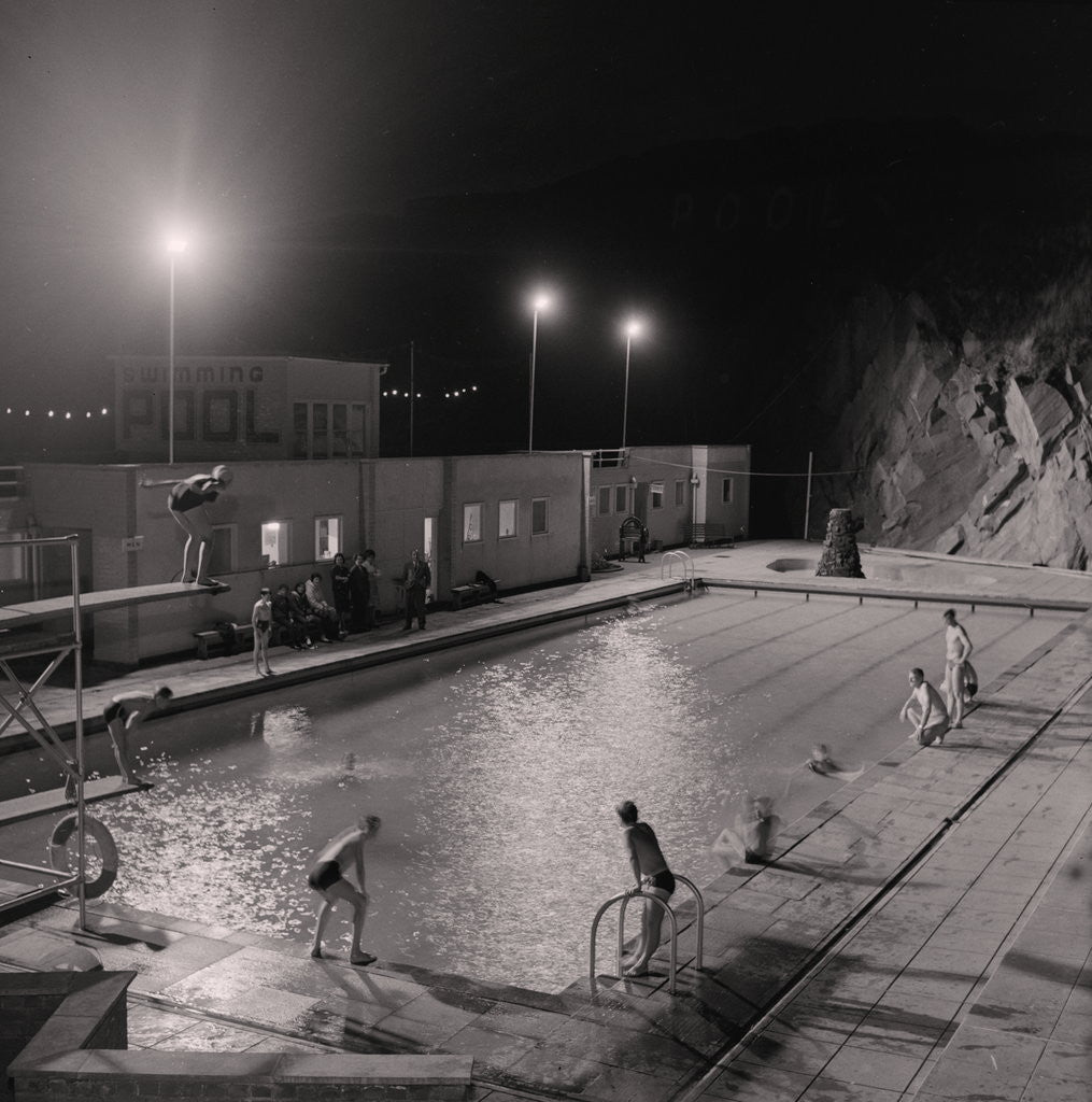 Detail of Peel Swimming Pool by floodlight by Manx Press Pictures