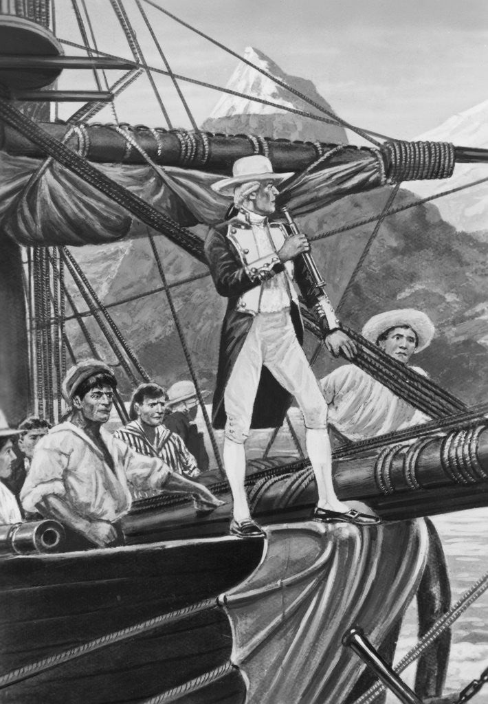 Detail of Print of Captain James Cook on the Prow of His Sailing Ship by Corbis