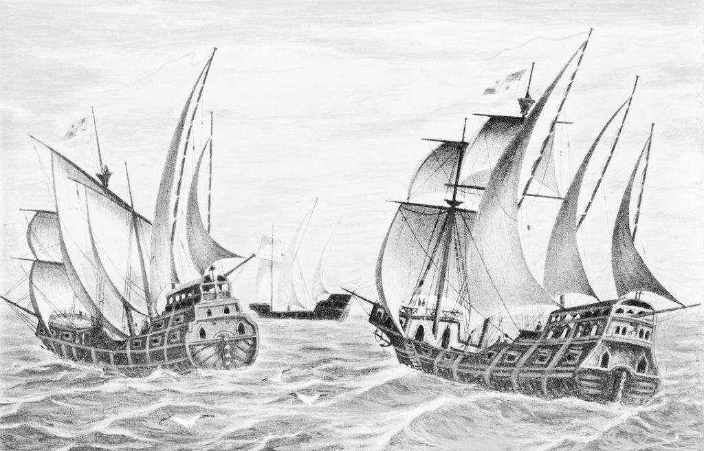 Detail of Illustration of the Nina, Pinta, and Santa Maria by Corbis