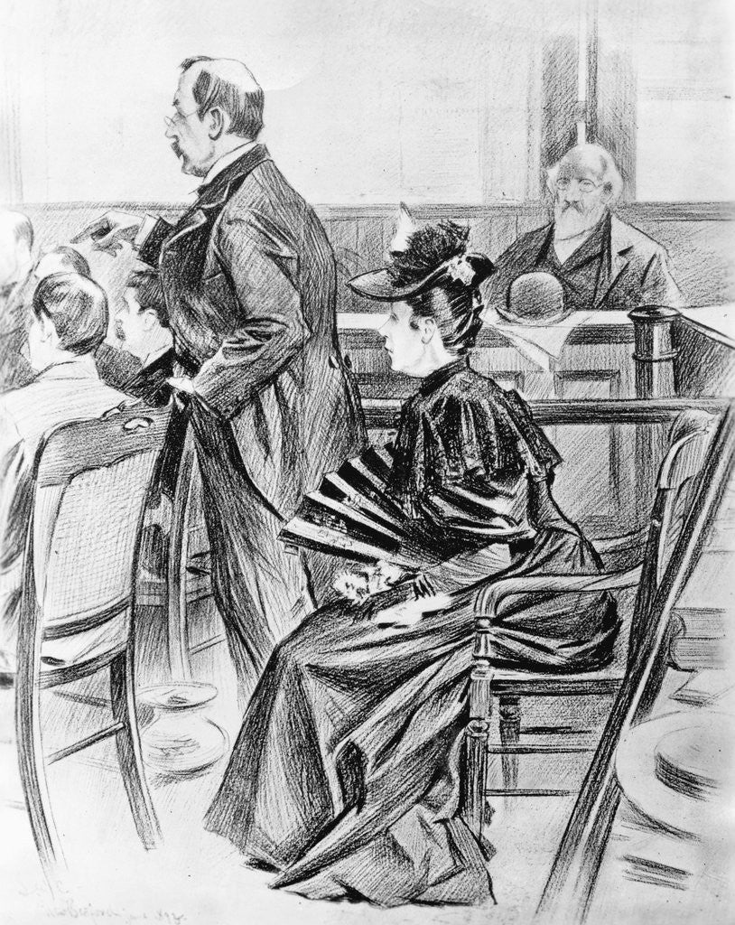 Detail of Drawing of Lizzie Borden and Her Lawyer in Court by Corbis