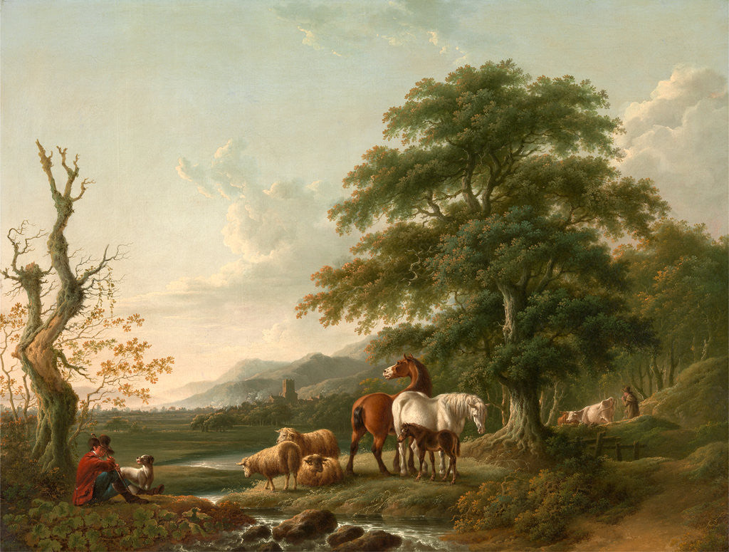 Detail of Landscape with a Shepherd Horses,Sheep and Cattle in a Romantic Landscape by Charles Towne