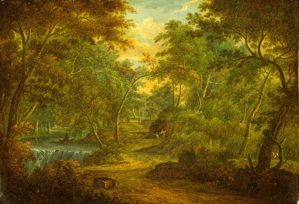 Detail of A Wooded Landscape with a Stream and a Fisherman by Of Derby