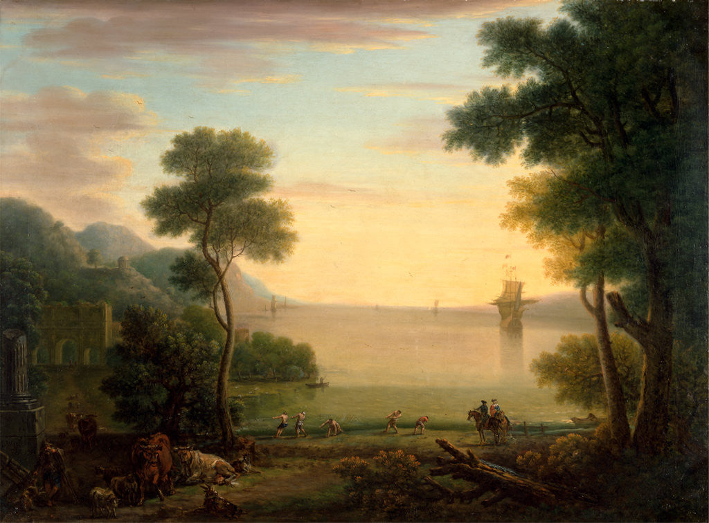 Detail of Classical Landscape with Figures and Animals: Sunset by John Wootton