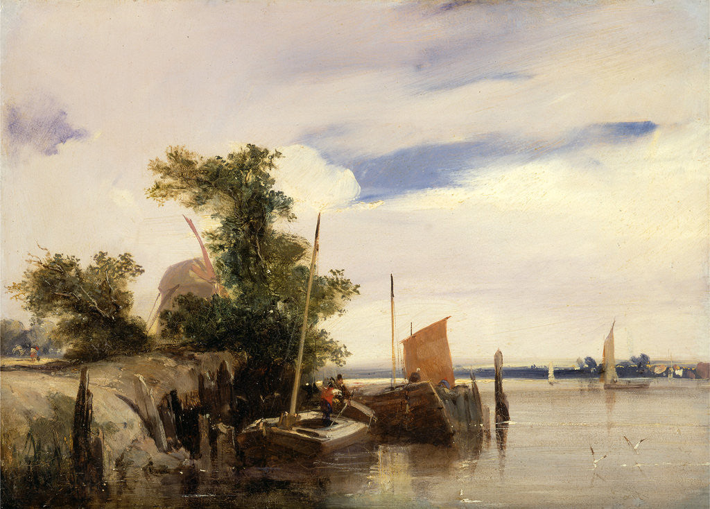 Detail of Barges on a River River Landscape by Richard Parkes Bonington