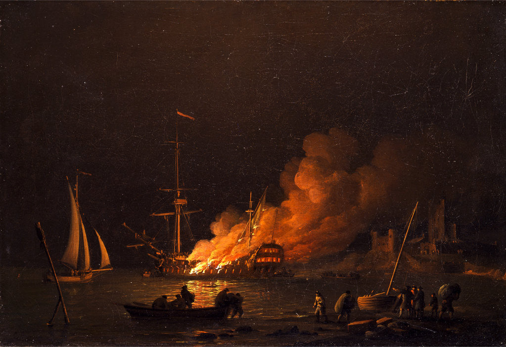 Detail of Ship on Fire at Night by Charles Brooking