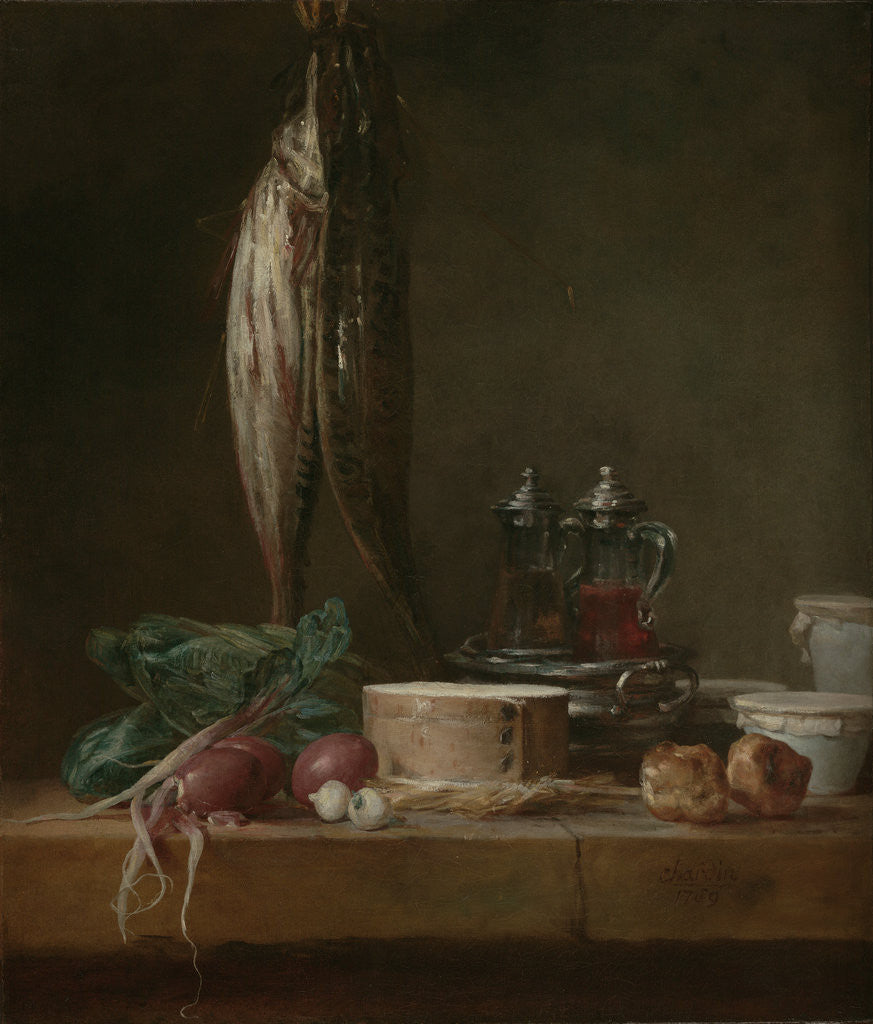 Detail of Still Life with Fish, Vegetables, Gougères, Pots, and Cruets on a Table by Jean-Siméon Chardin