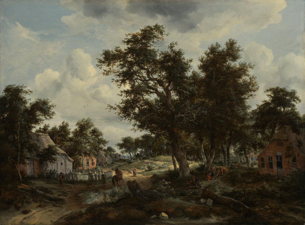 Detail of A Wooded Landscape with Travelers on a Path through a Hamlet by Meindert Hobbema