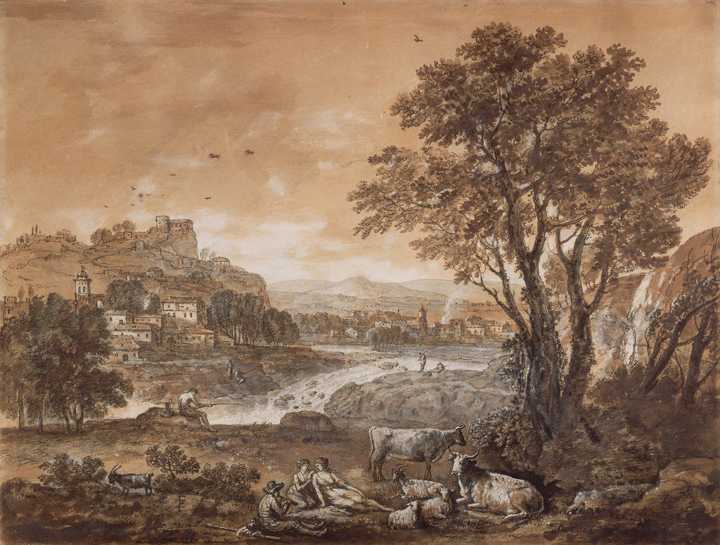 Detail of A Landscape with Shepherds Resting Under a Tree by a Cascade (recto), Sketch of a Landscape (verso) by Francesco Zuccarelli