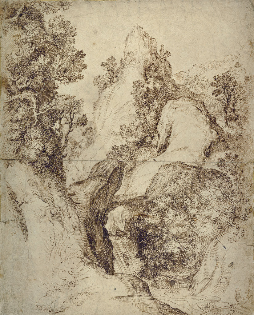 Detail of Rocky Landscape with a Waterfall by Girolamo Muziano