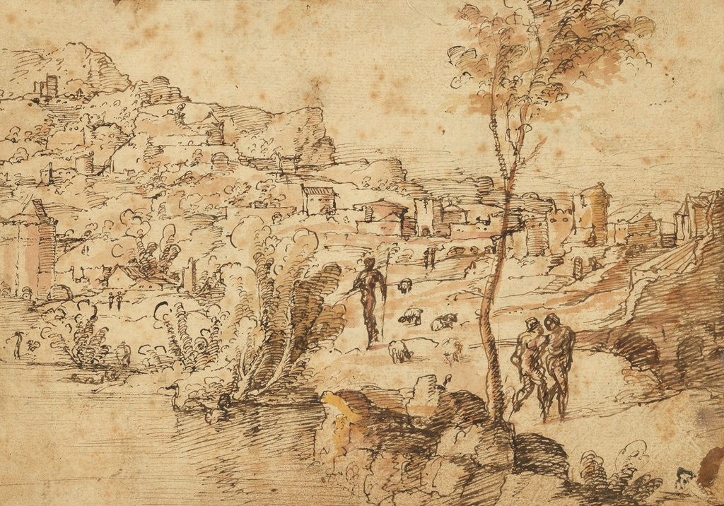 Detail of Landscape with Shepherds by a River and a Town Beyond (recto), Figure Studies and Roman Ruins (verso) by Jan van Scorel