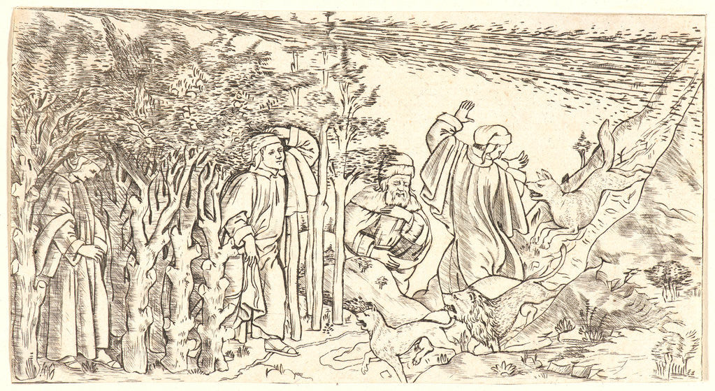 Detail of Divine Comedy: Dante Lost in the Wood, Escaping and Meeting Virgil, 1481 by Anonymous