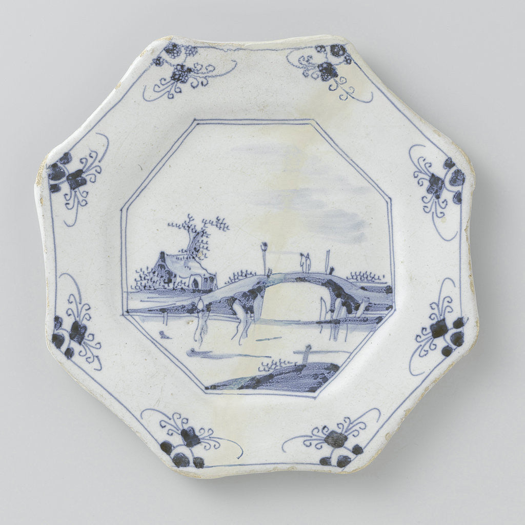 Detail of Plate, octagonal, painted with landscape by Anonymous