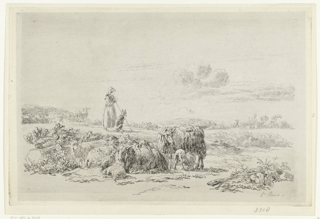 Detail of Landscape with shepherdess with flock of sheep and dog by Simon van den Berg