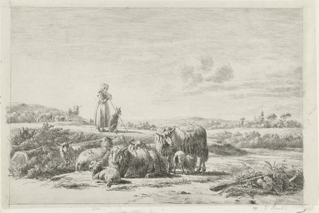 Detail of Landscape with shepherdess with flock of sheep and dog by Simon van den Berg