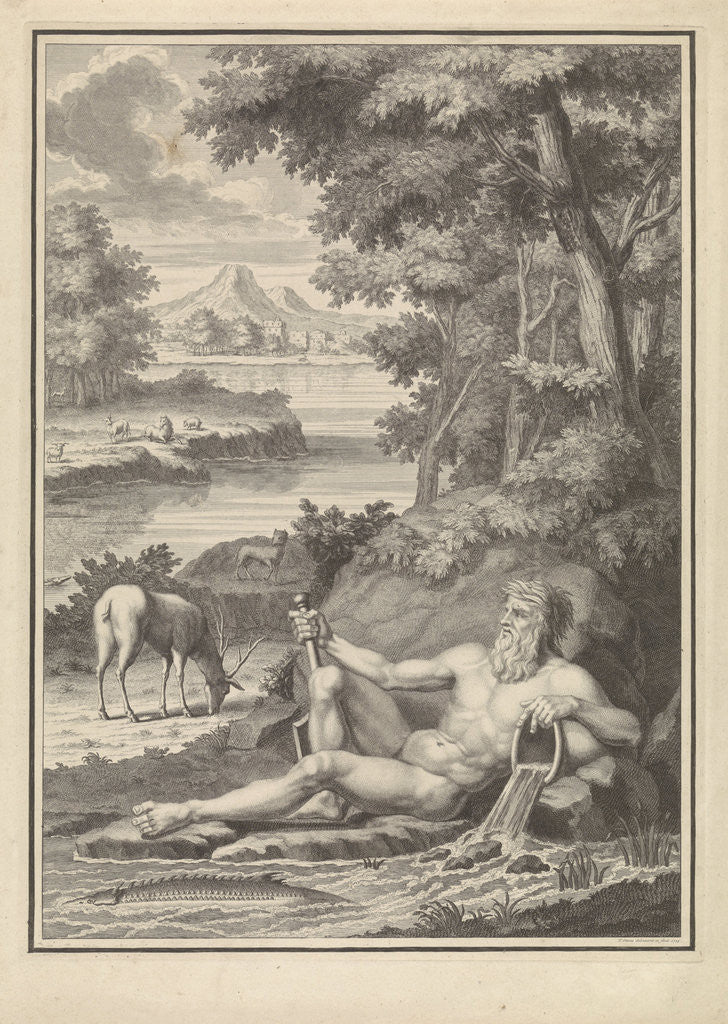 Detail of River God in a landscape with animals by Frederik Ottens