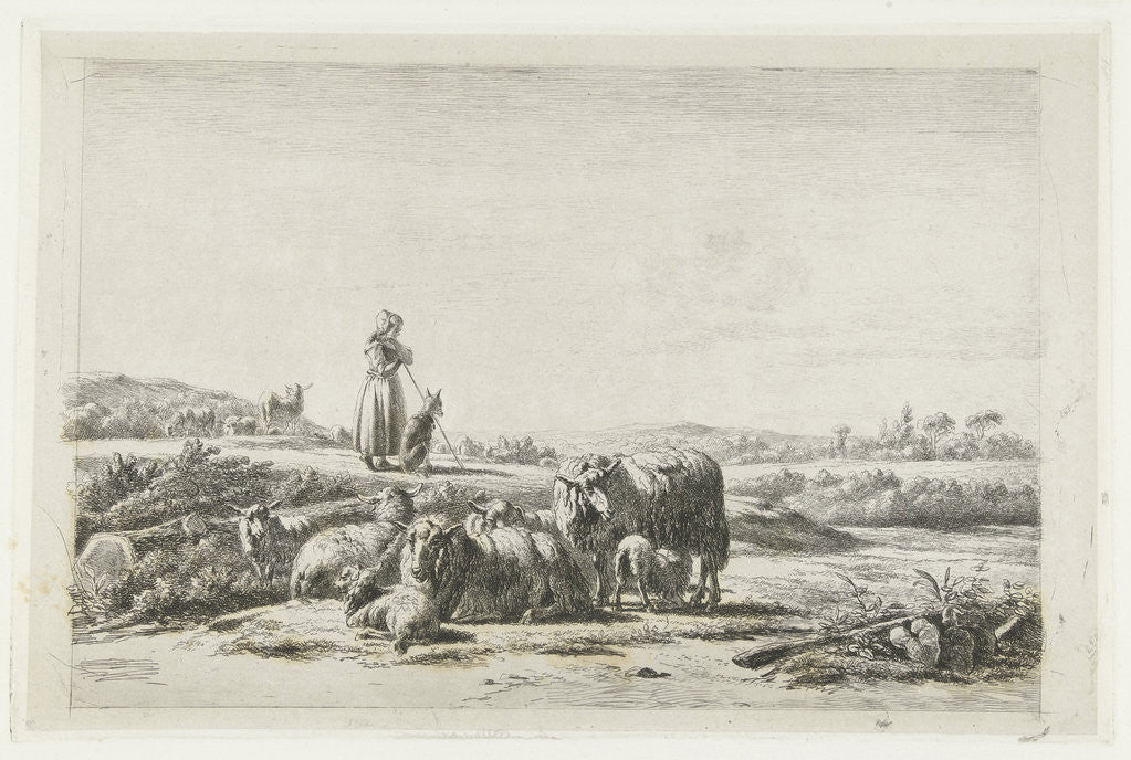 Detail of Landscape with shepherdess with flock of sheep and dog by Simon van den Berg