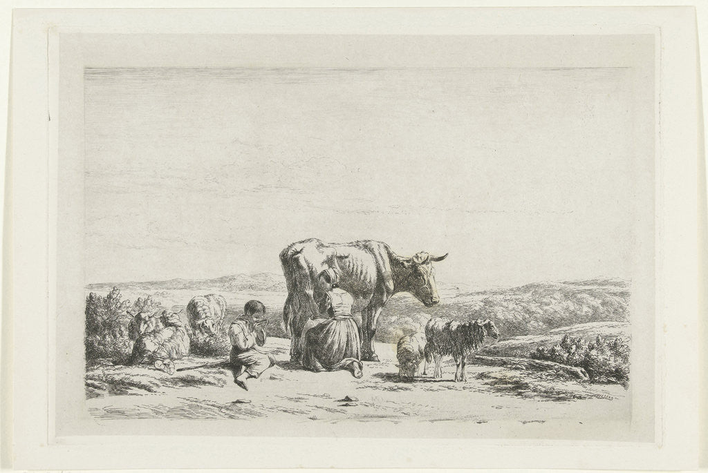 Detail of Landscape with woman milking cow and boy with sheep by Simon van den Berg