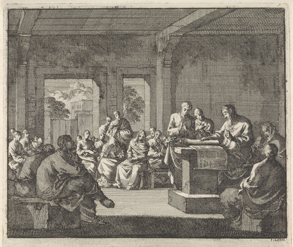 Detail of Early Christian community listening to a reading from the Bible by Jan Luyken